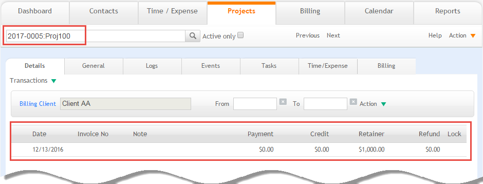 Machine generated alternative text: A rchiOffice 14M.31.O Enterprise Howard Roark y Fountainhead A+E Dashboard Contacts Time I Expense Projects Bitting CaLendar Reports 2018-0015:ProjlOO Ob Previous Next HeLp Action y Details GeneraL Logs Documents Events Tasks Slips Billing Transactions y BiLLing Client Client M From To Action y Date Invoice No Note Payment Credit Retainer Refund Lock 04/18/2018 CLient AA 1000 re . . . 50.00 50.00 51,000.00 50.00
